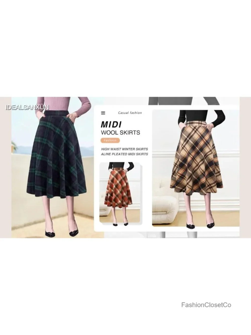 Wool Blend High Waisted Pleated Midi Skirt with Pockets